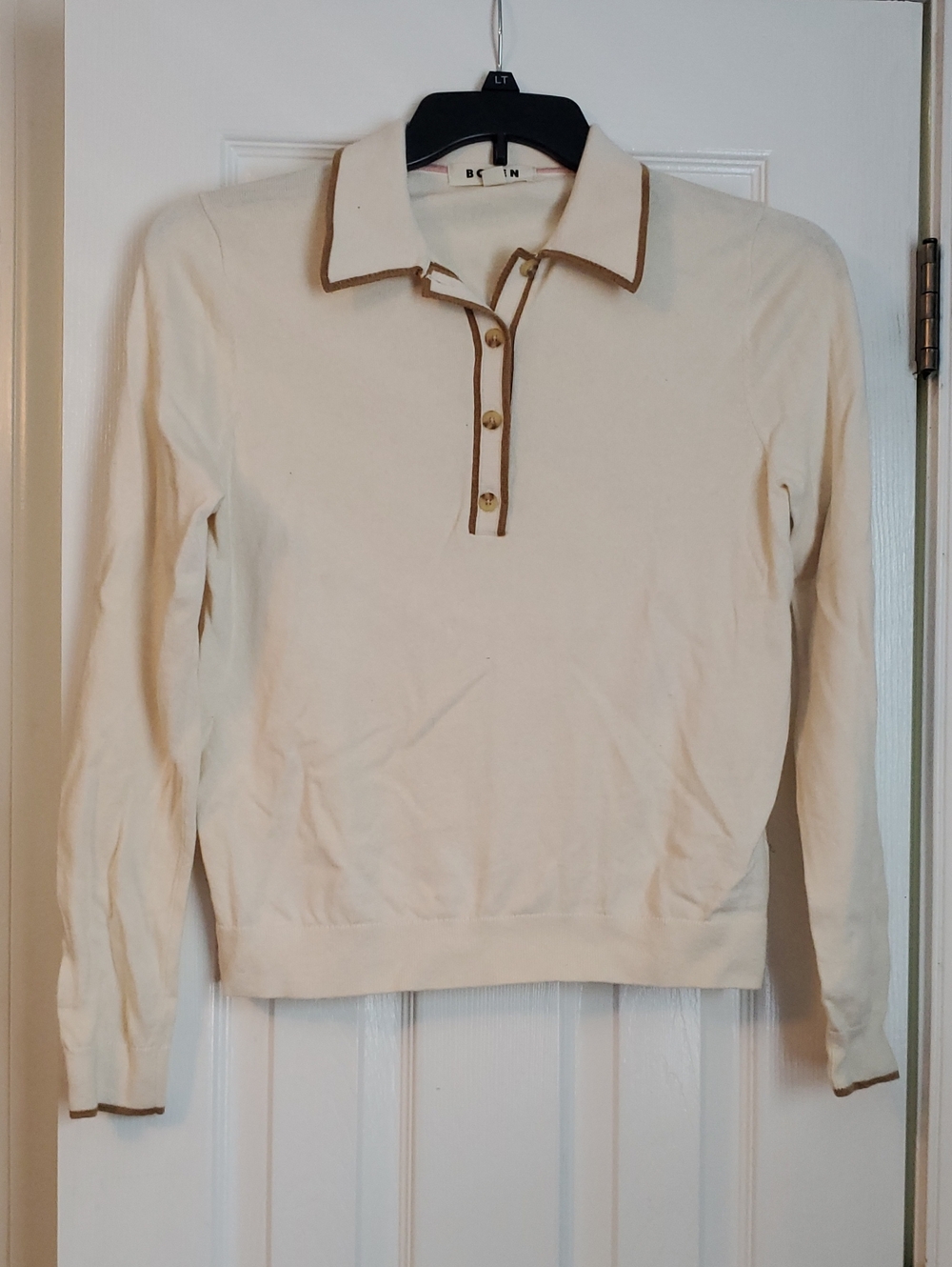Boden Cream Polo-Style Long Sleeve Sweater with Brown Trim